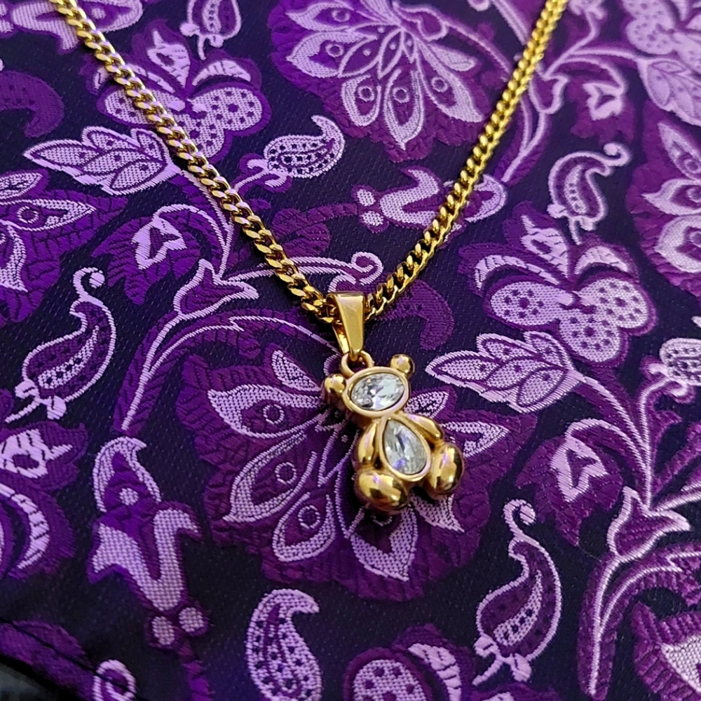 18K Gold Plated Bear Pendant Necklace with 18K Gold Plated Miami Cuban Link
